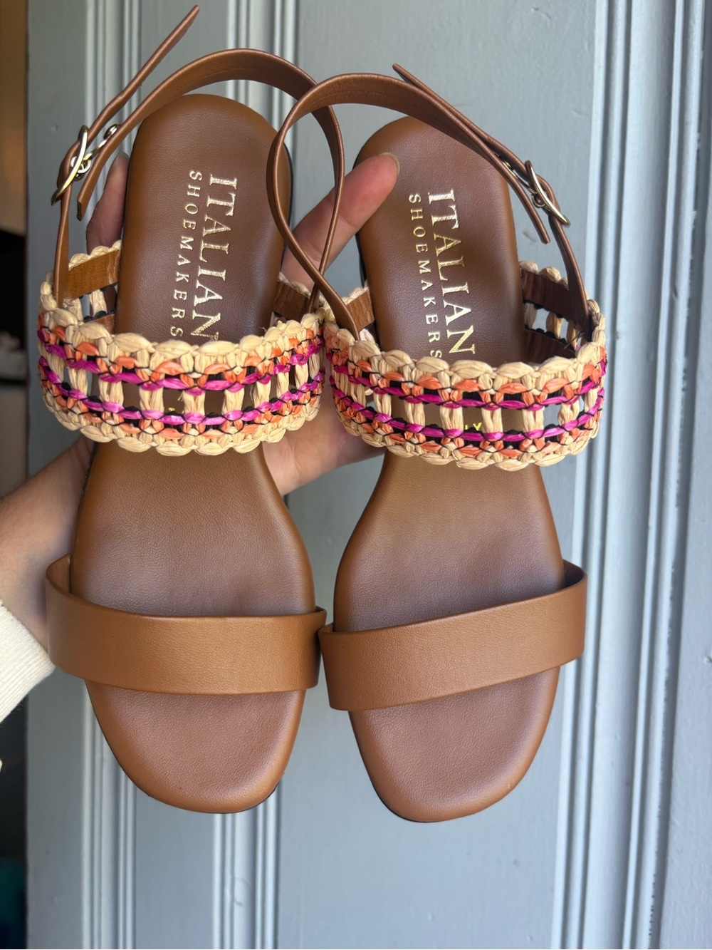 Italian Shoemakers Brown Woven Strap Block Heel Sandals Brown/Pink Size 8 Womens - Picture 2 of 8